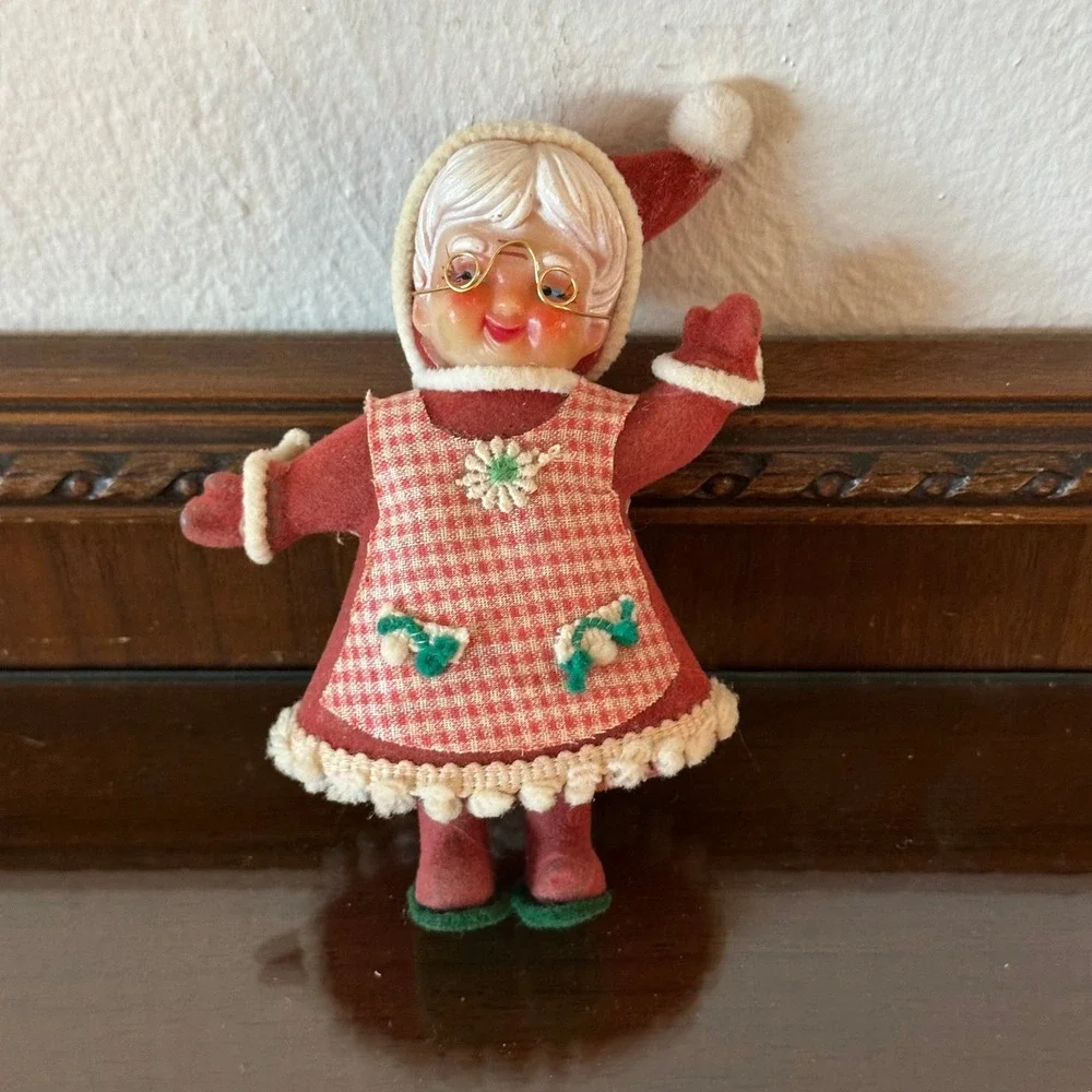 Vintage Flocked Blow Mold Mrs. Claus Figurine Red Gingham Apron Christmas Decor